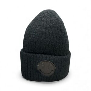 NWT PNYC Black Ribbed Knit Beanie • Glitter Smiley Face Patch